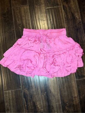 Aerie Pink Tiered Ruffle Mini Skirt XS Smocked Tassel Tie Bubblegum Coquette
